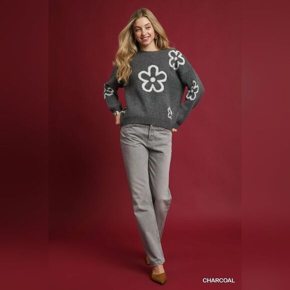 Umgee Round Neck Grey Sweater with Floral Large Flower Print Sz S M - Picture 6 of 10